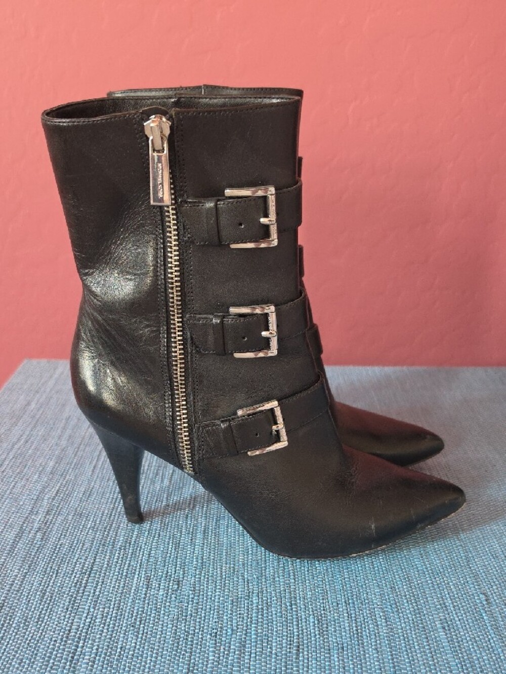 Michael Kors Black Leather Pointed Buckle Ankle Boots